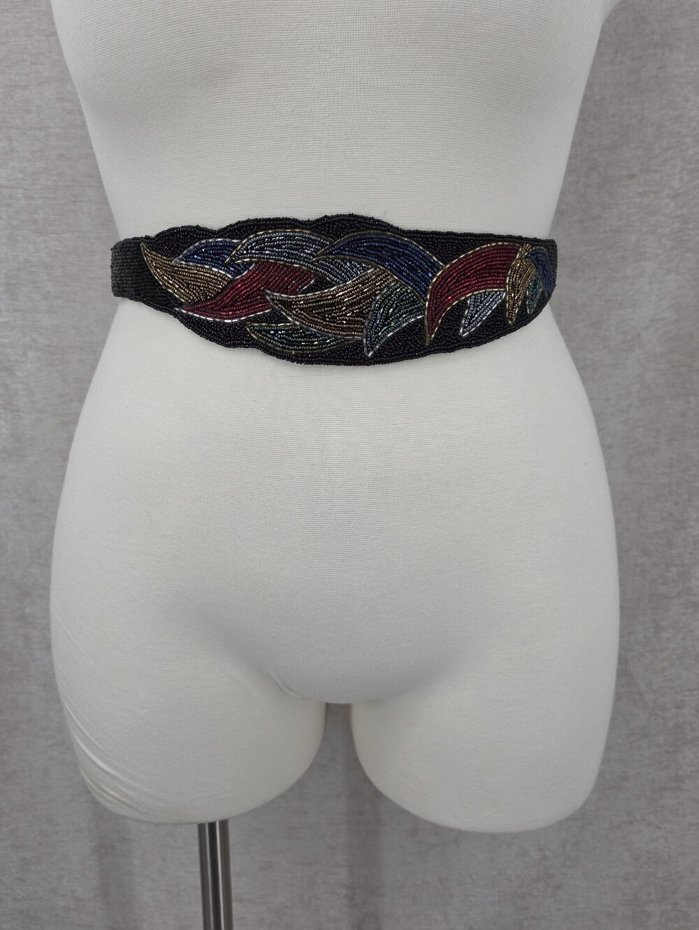 Lyrella Vintage Beaded Waist Belt Black with Red Blue Gold Silver Green Beads